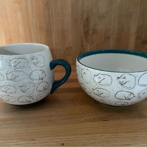 Leah Goren rare cat mug bowl set Anthropologie